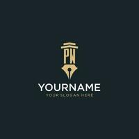 PW monogram initial logo with fountain pen and pillar style vector