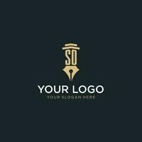 SO monogram initial logo with fountain pen and pillar style vector