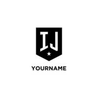 IJ monogram initial logo with geometric shield and star icon design style vector