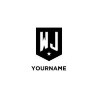 WJ monogram initial logo with geometric shield and star icon design style vector