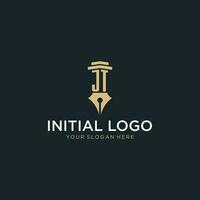 JT monogram initial logo with fountain pen and pillar style vector