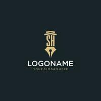 SH monogram initial logo with fountain pen and pillar style vector