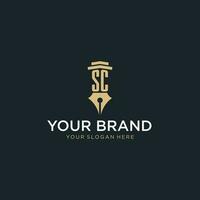 SC monogram initial logo with fountain pen and pillar style vector
