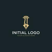 ZT monogram initial logo with fountain pen and pillar style vector