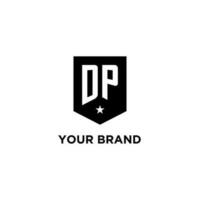 DP monogram initial logo with geometric shield and star icon design style vector