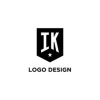 IK monogram initial logo with geometric shield and star icon design style vector