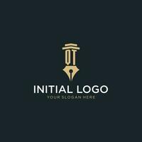 QT monogram initial logo with fountain pen and pillar style vector