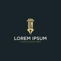 UM monogram initial logo with fountain pen and pillar style vector