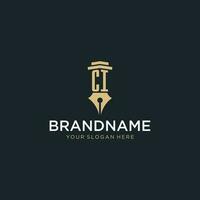 CI monogram initial logo with fountain pen and pillar style vector