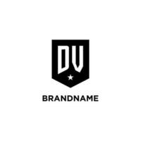 DV monogram initial logo with geometric shield and star icon design style vector