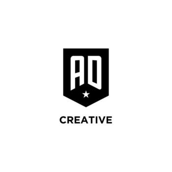 AD monogram initial logo with geometric shield and star icon design style vector