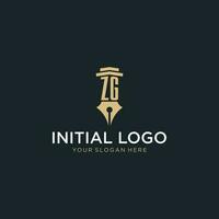 ZG monogram initial logo with fountain pen and pillar style vector