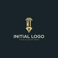WT monogram initial logo with fountain pen and pillar style vector