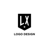LX monogram initial logo with geometric shield and star icon design style vector