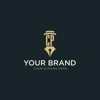 CP monogram initial logo with fountain pen and pillar style vector