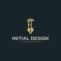 FL monogram initial logo with fountain pen and pillar style vector