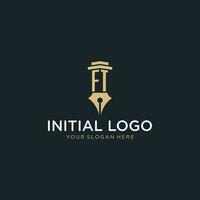 FT monogram initial logo with fountain pen and pillar style vector
