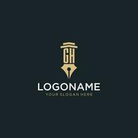 GH monogram initial logo with fountain pen and pillar style vector