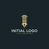 GG monogram initial logo with fountain pen and pillar style vector