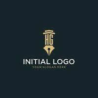 HG monogram initial logo with fountain pen and pillar style vector