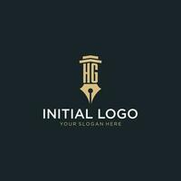 HG monogram initial logo with fountain pen and pillar style vector