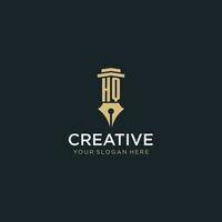 HQ monogram initial logo with fountain pen and pillar style vector