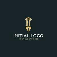 KT monogram initial logo with fountain pen and pillar style vector