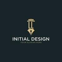 LL monogram initial logo with fountain pen and pillar style vector