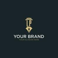 LP monogram initial logo with fountain pen and pillar style vector