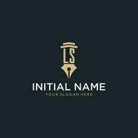 LS monogram initial logo with fountain pen and pillar style vector