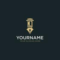 MJ monogram initial logo with fountain pen and pillar style vector