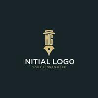 MG monogram initial logo with fountain pen and pillar style vector