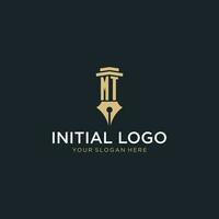 MT monogram initial logo with fountain pen and pillar style vector