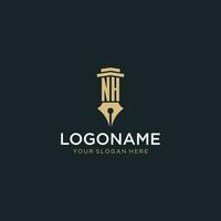 NH monogram initial logo with fountain pen and pillar style vector