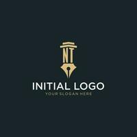 NT monogram initial logo with fountain pen and pillar style vector