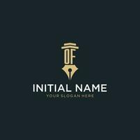 OF monogram initial logo with fountain pen and pillar style vector