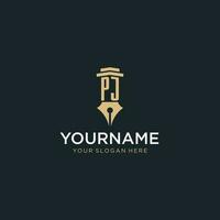 PJ monogram initial logo with fountain pen and pillar style vector