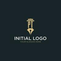 PT monogram initial logo with fountain pen and pillar style vector