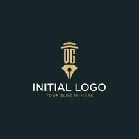 QG monogram initial logo with fountain pen and pillar style vector