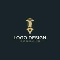 QK monogram initial logo with fountain pen and pillar style vector