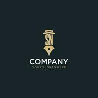 SN monogram initial logo with fountain pen and pillar style vector