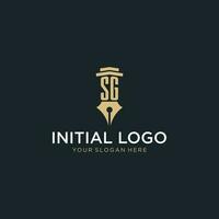 SG monogram initial logo with fountain pen and pillar style vector