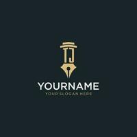 TJ monogram initial logo with fountain pen and pillar style vector