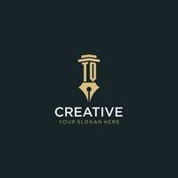 TQ monogram initial logo with fountain pen and pillar style vector