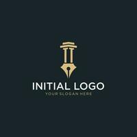 TT monogram initial logo with fountain pen and pillar style vector
