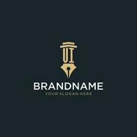 VI monogram initial logo with fountain pen and pillar style vector