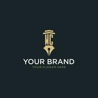 WC monogram initial logo with fountain pen and pillar style vector