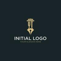 YT monogram initial logo with fountain pen and pillar style vector