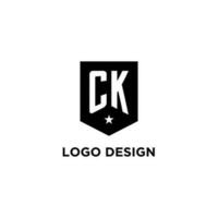 CK monogram initial logo with geometric shield and star icon design style vector