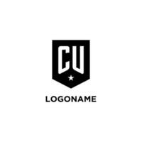 CU monogram initial logo with geometric shield and star icon design style vector